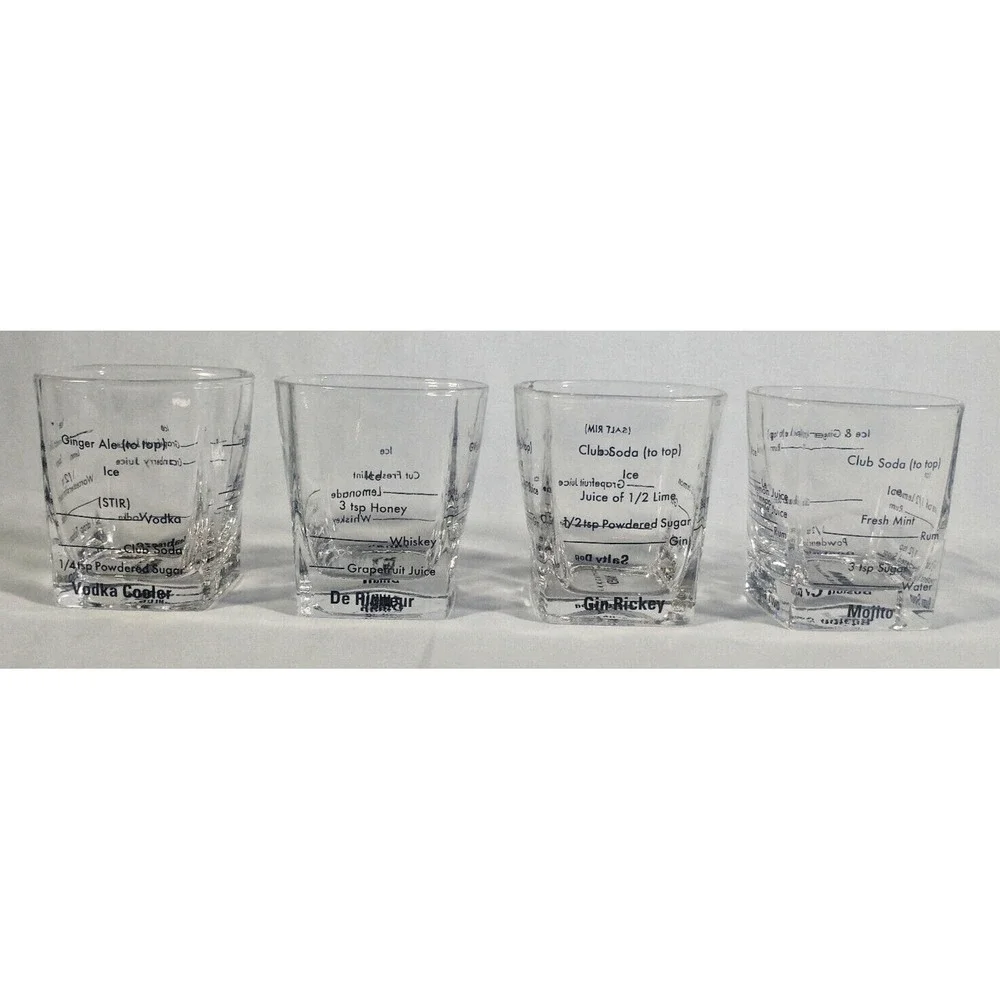 Set of 4 Kikkerland Rocks Glasses Cocktail Recipes Rum Whiskey Gin Vodka